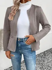 plus size elegant jacket womens plus solid long sleeve zip up round neck jacket details 22