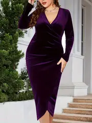 plus size elegant party dress womens plus solid velvet long sleeve surplice neck wrap hem slight stretch cocktail dress details 2