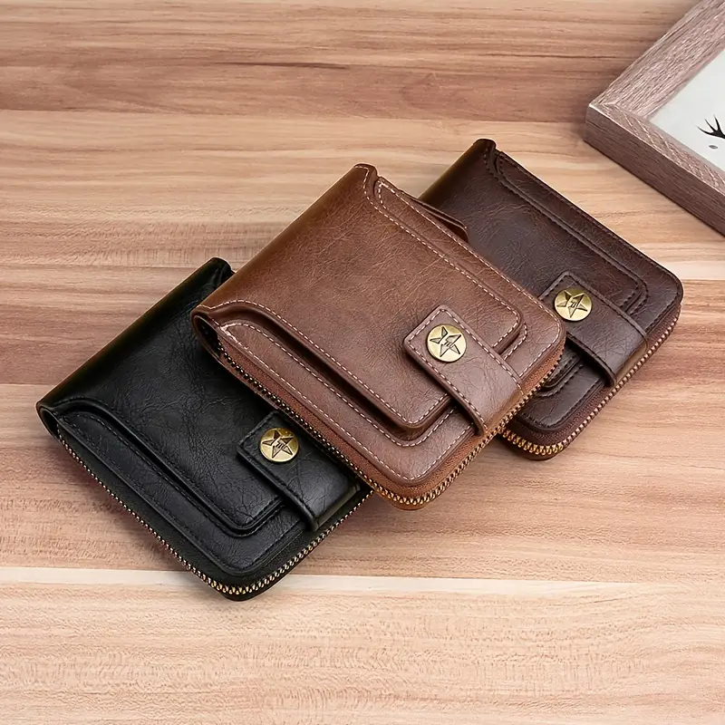 1pc mens pu leather solid color business wallet card holder with zipper button valentines day gift for men details 0