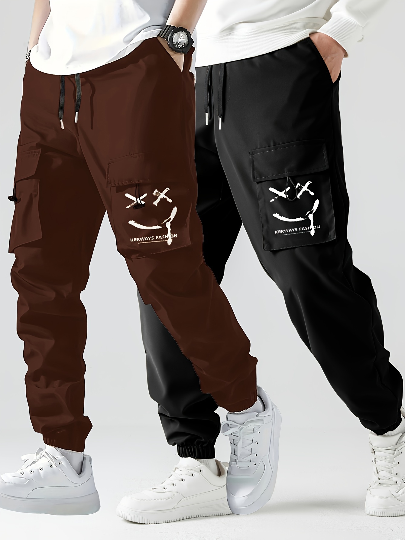 2 pcs mens stylish smiling face pattern cargo jogger with pockets causal breathable drawstring mens bottom clothing for city walk street hanging outdoor activities details 12