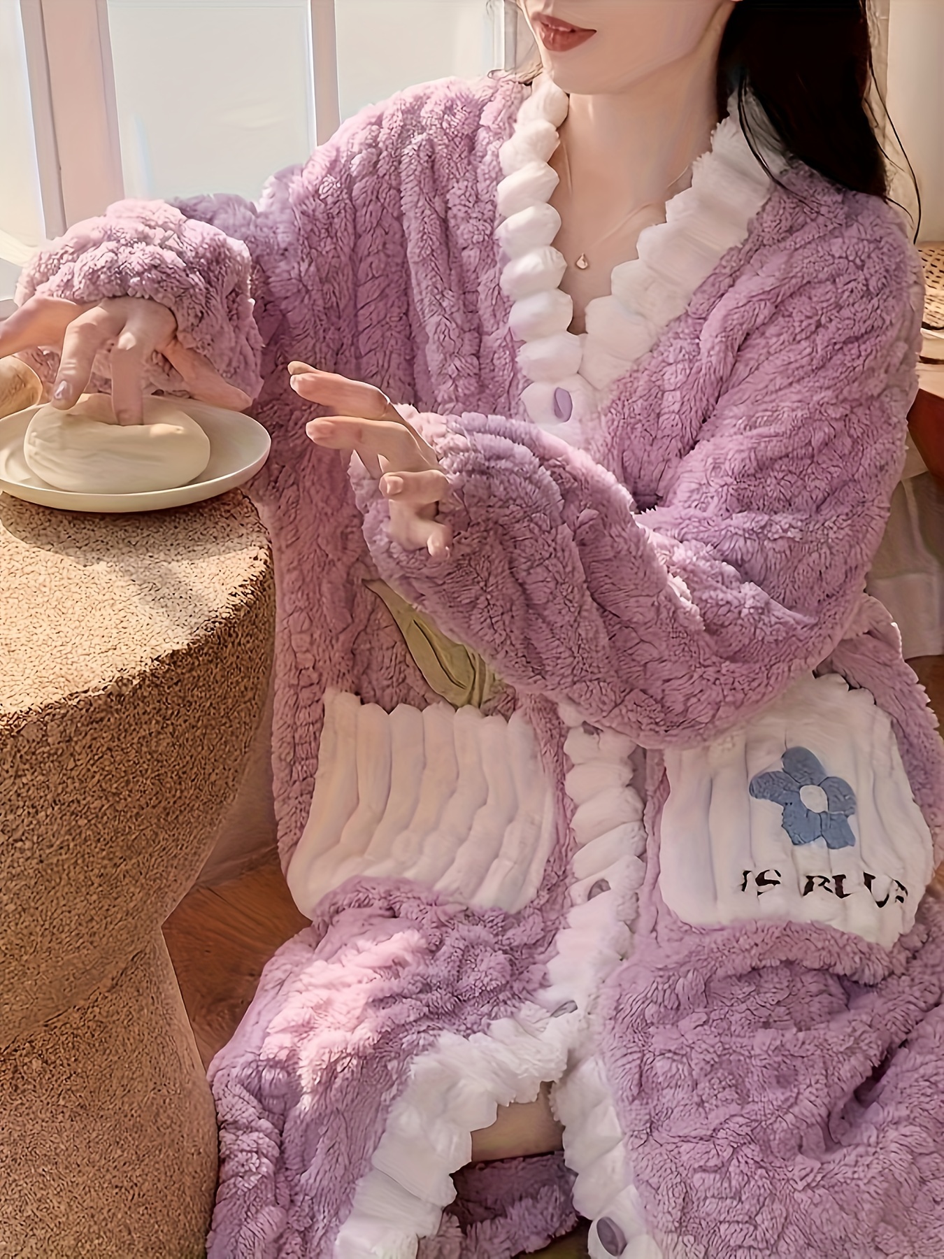 flower decor fuzzy night robe cute long sleeve v neck robe with pockets womens sleepwear details 16