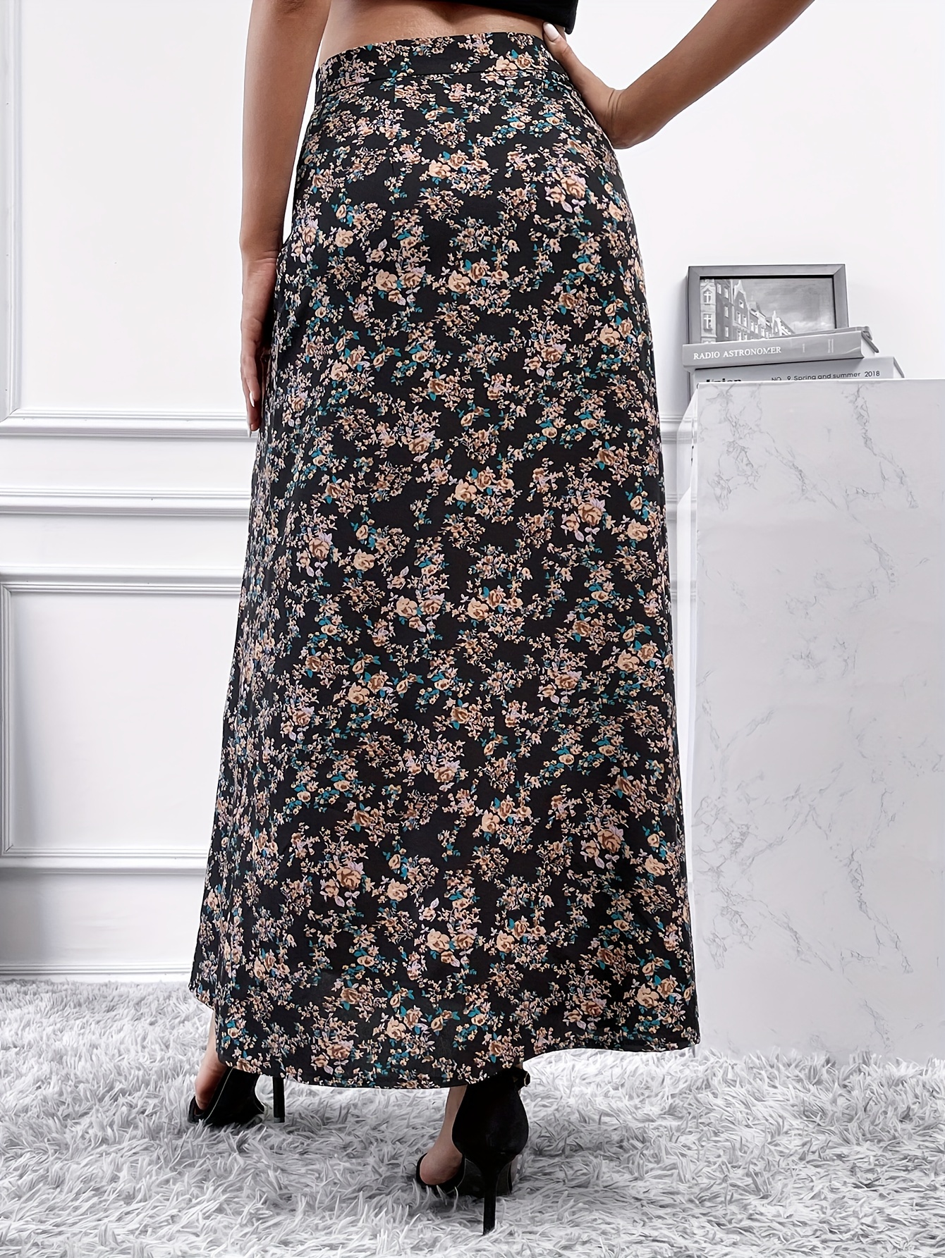 floral print side split skirt casual high waist maxi skirt womens clothing details 3