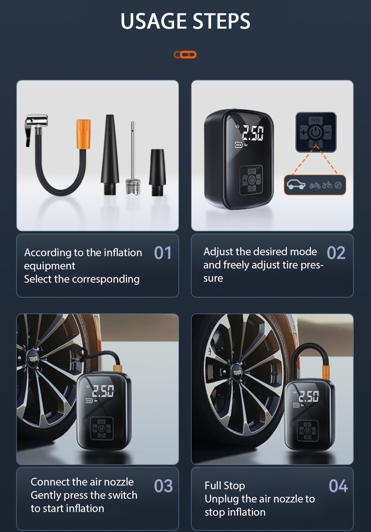 1pc portable car air compressor inflator wireless wired handheld pump light suitable for tire inflation and compression of cars and motorcycles details 9