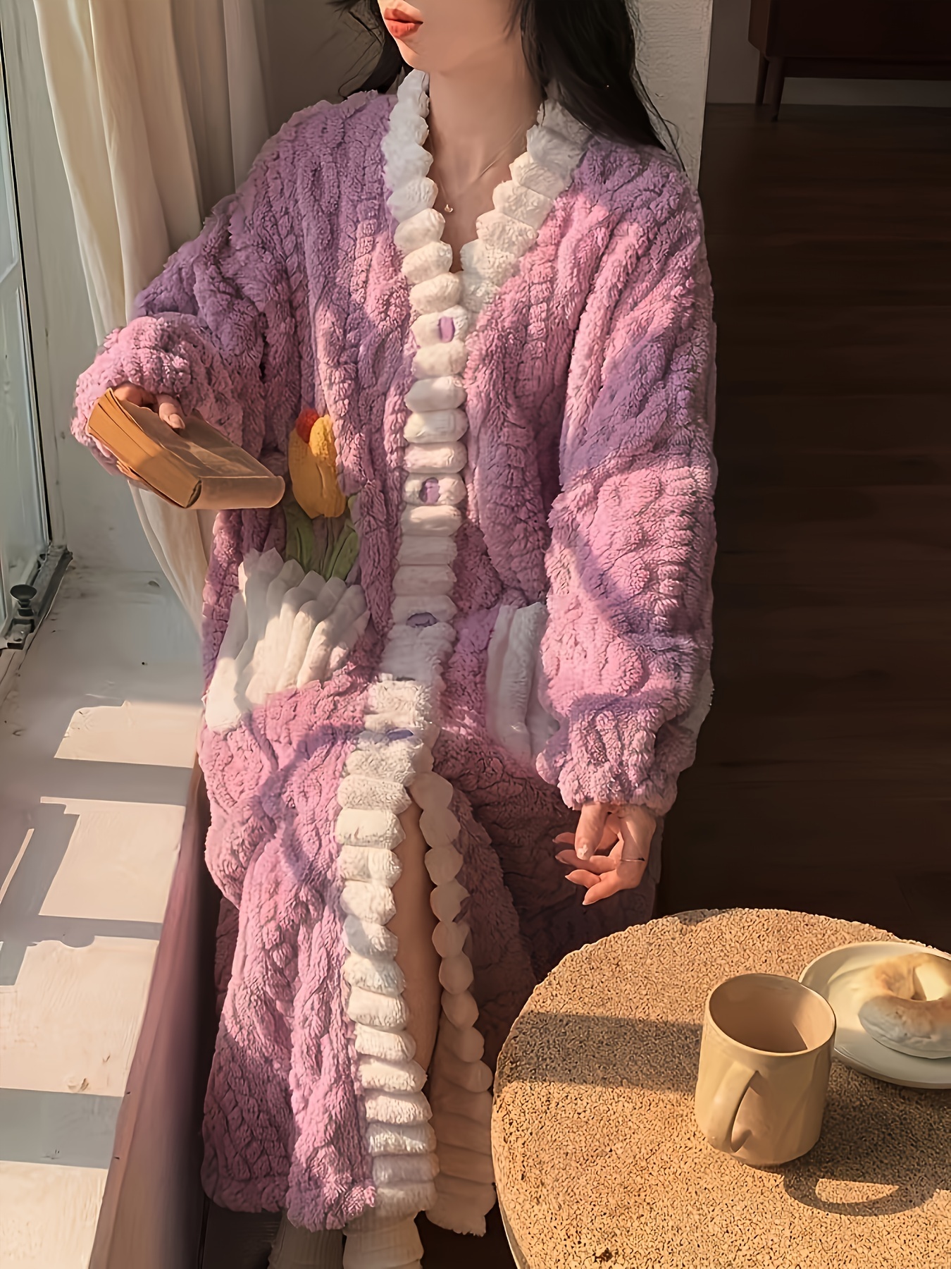 flower decor fuzzy night robe cute long sleeve v neck robe with pockets womens sleepwear details 17