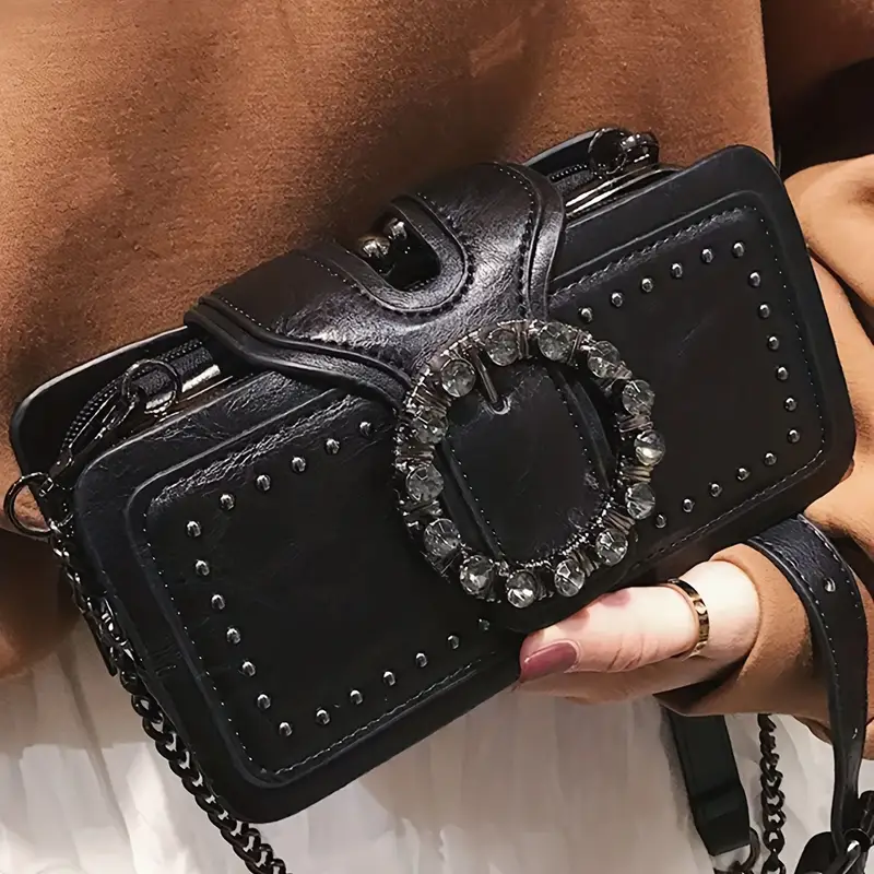 womens fashion retro clutch bag rivet motorcycle bag chain shoulder bag black mobile phone bag multi layer clip small square bag details 1