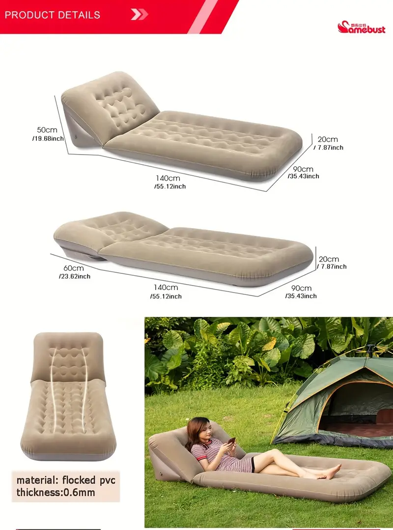 inflatable flocking sofa sigle foldable bed mattress for home or outdoor use relaxing airbed adjustable inflatable mat patent reserved Product details 3