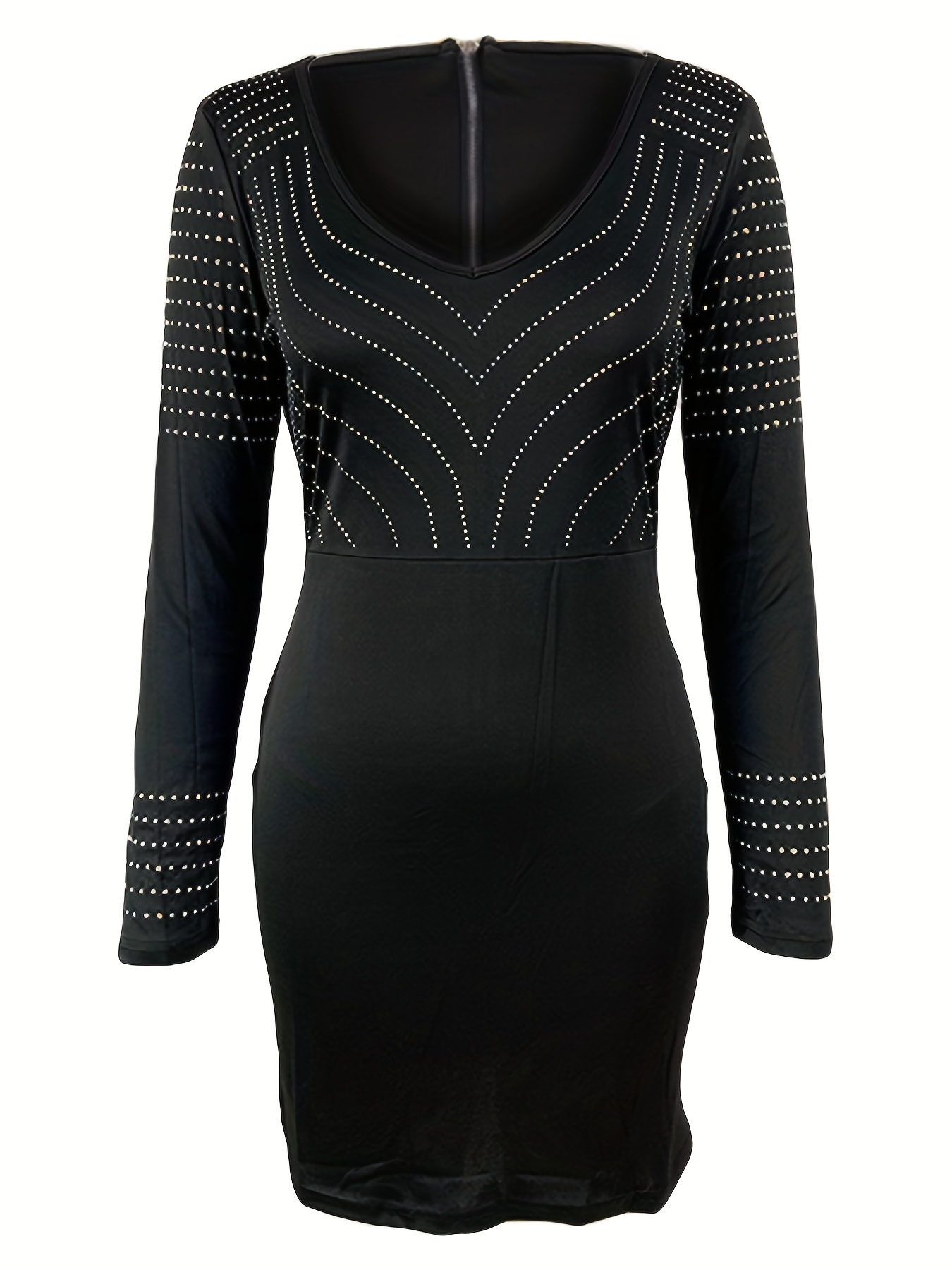 bodycon rhinestone v neck dress sexy long sleeve dress for spring fall womens clothing black 3