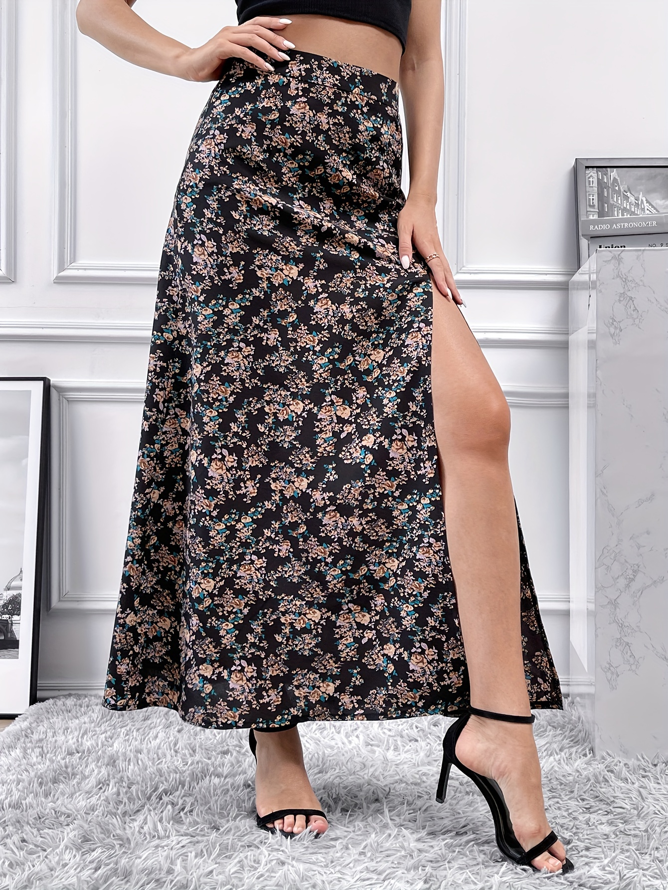 floral print side split skirt casual high waist maxi skirt womens clothing details 0