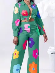 plus size cute outfits set womens plus colorful floral print long sleeve button up shirt pants vacay outfits 2 piece set details 1