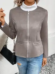 plus size elegant jacket womens plus solid long sleeve zip up round neck jacket details 20