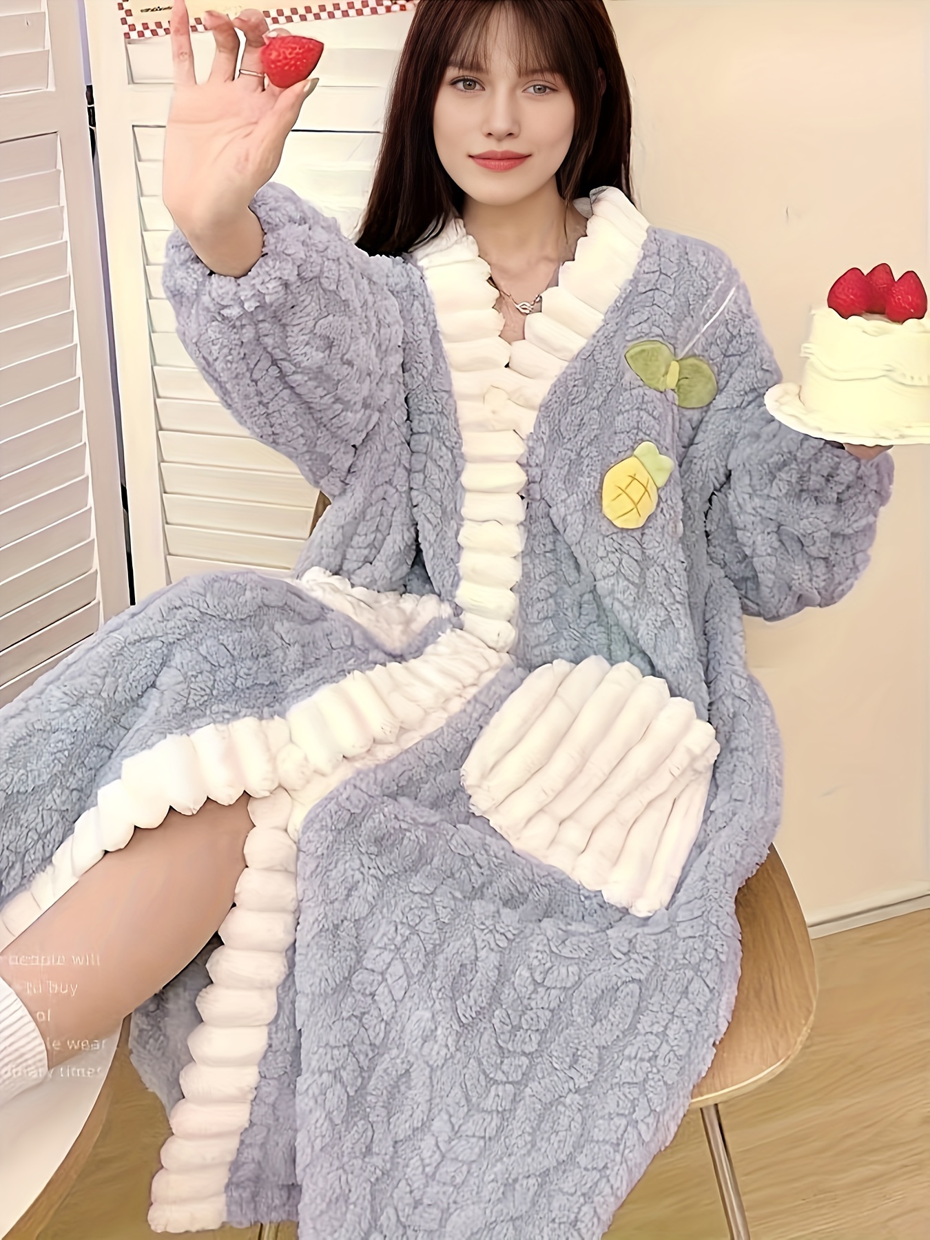 flower decor fuzzy night robe cute long sleeve v neck robe with pockets womens sleepwear details 23