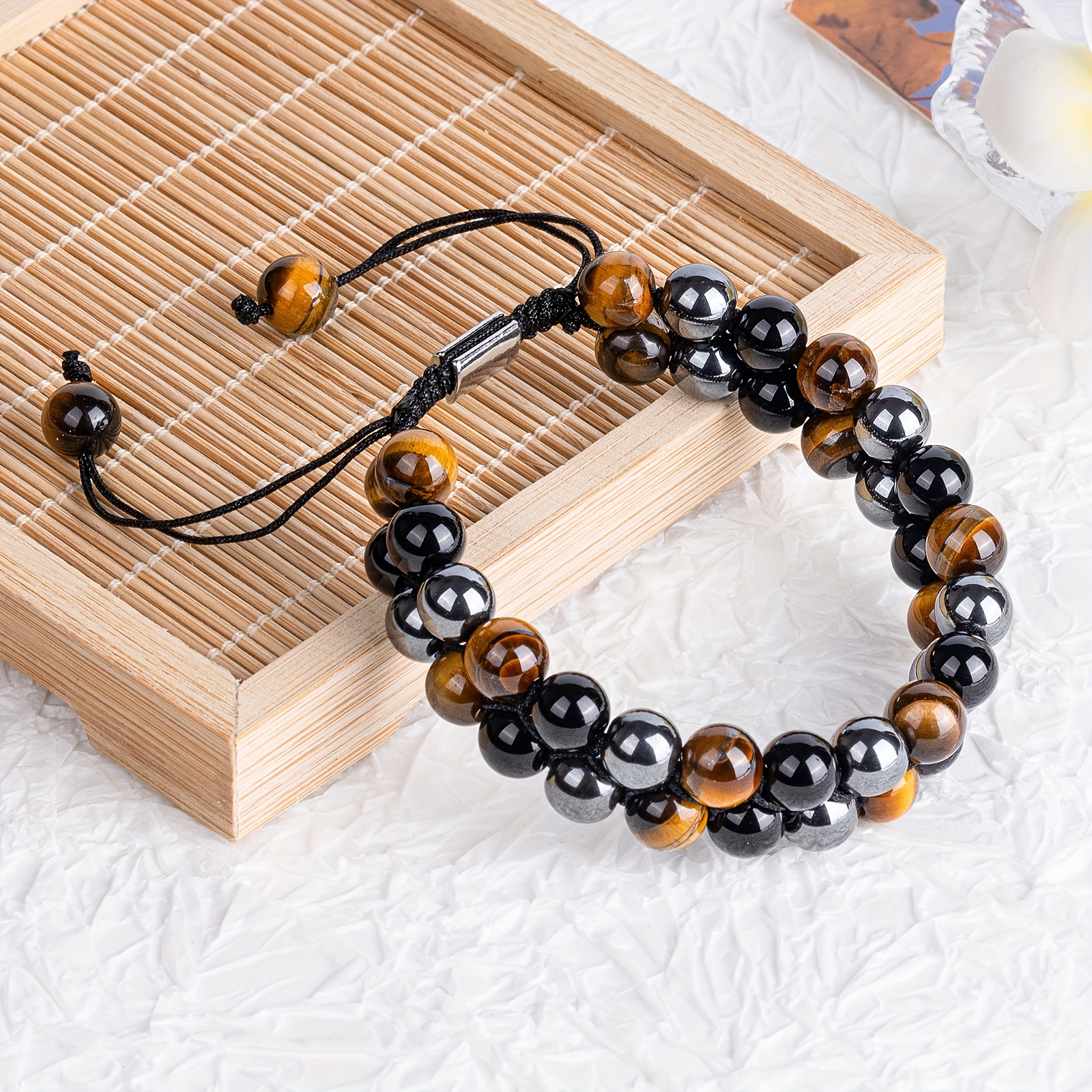 1pc triple protection bracelet for men women genuine tigers eye obsidian and hematite 8mm beads healing crystal bracelet bring luck and prosperity and happiness 8mm double layer details 3
