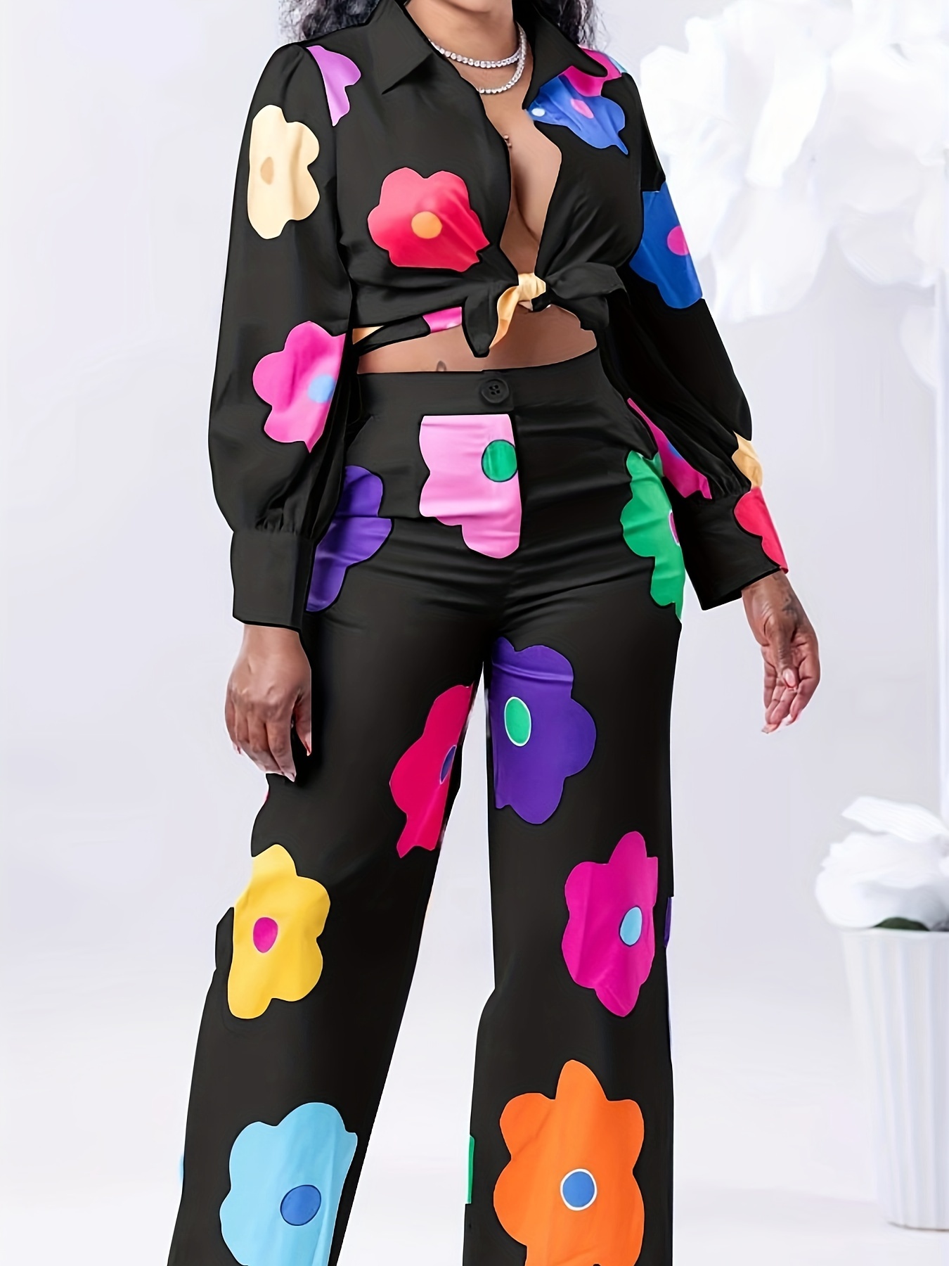 plus size cute outfits set womens plus colorful floral print long sleeve button up shirt pants vacay outfits 2 piece set details 6