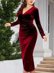 plus size elegant party dress womens plus solid velvet long sleeve surplice neck wrap hem slight stretch cocktail dress details 10
