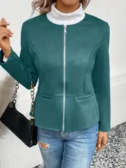 plus size elegant jacket womens plus solid long sleeve zip up round neck jacket details 6