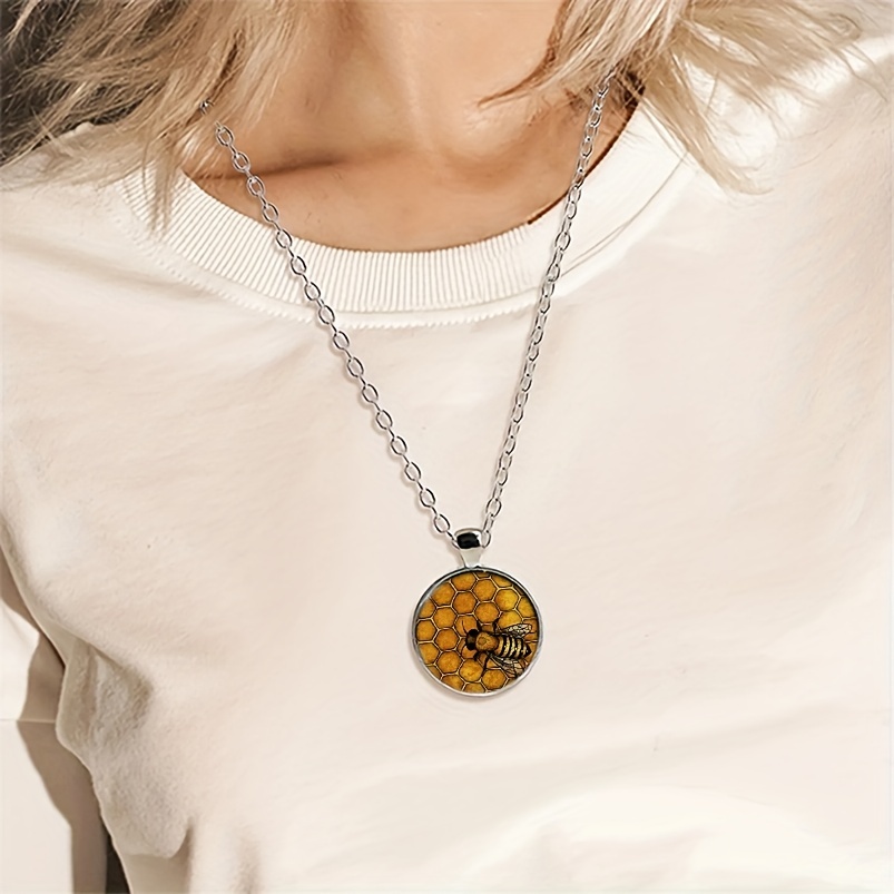 cute animal bee pattern time gem round pendant necklace funky glass convex circular necklace holiday gift for girls 4