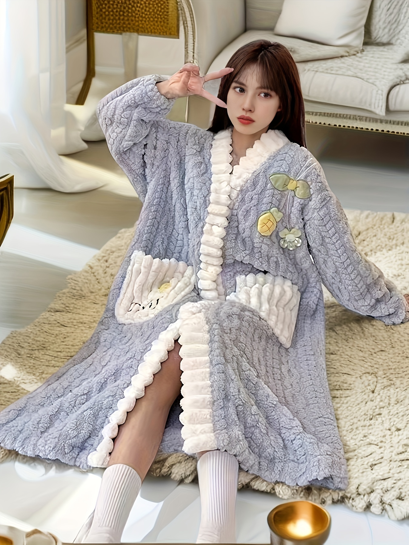 flower decor fuzzy night robe cute long sleeve v neck robe with pockets womens sleepwear details 27