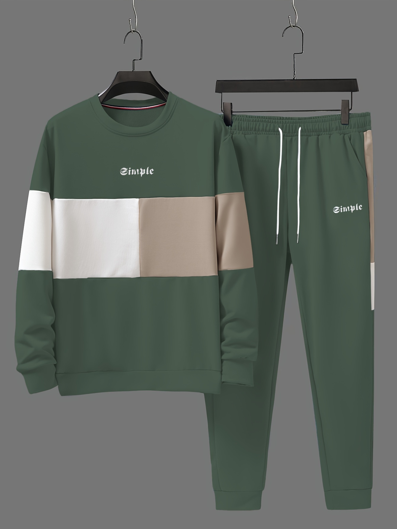 plus size mens simple print sweatshirt sweatpants set for autumn winter contrast color 2pcs outfits for sports outdoor mens clothing details 3