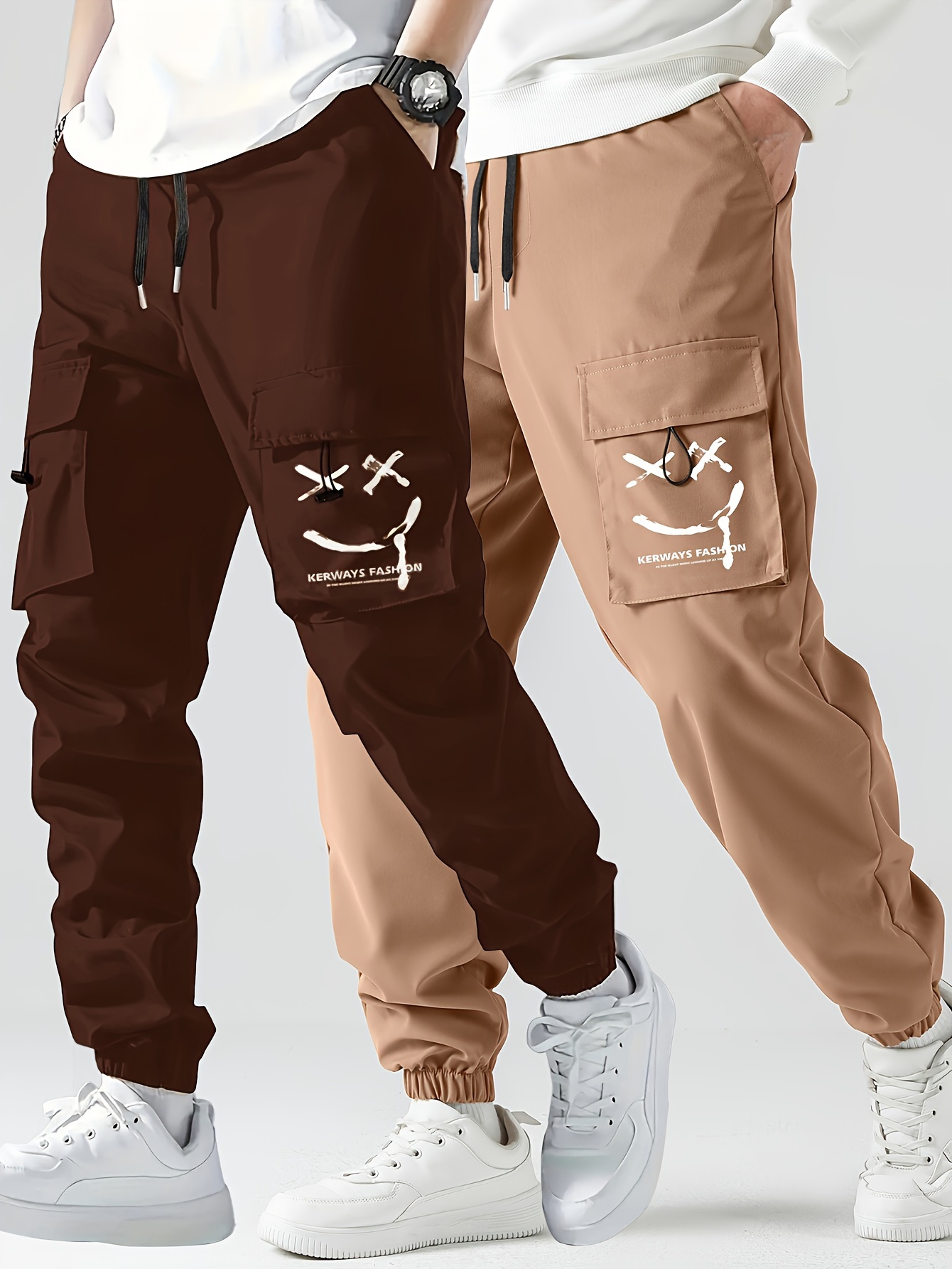 2 pcs mens stylish smiling face pattern cargo jogger with pockets causal breathable drawstring mens bottom clothing for city walk street hanging outdoor activities details 6