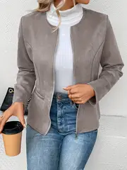 plus size elegant jacket womens plus solid long sleeve zip up round neck jacket details 19
