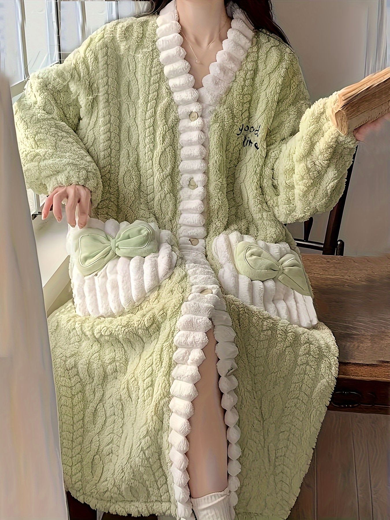 flower decor fuzzy night robe cute long sleeve v neck robe with pockets womens sleepwear details 2