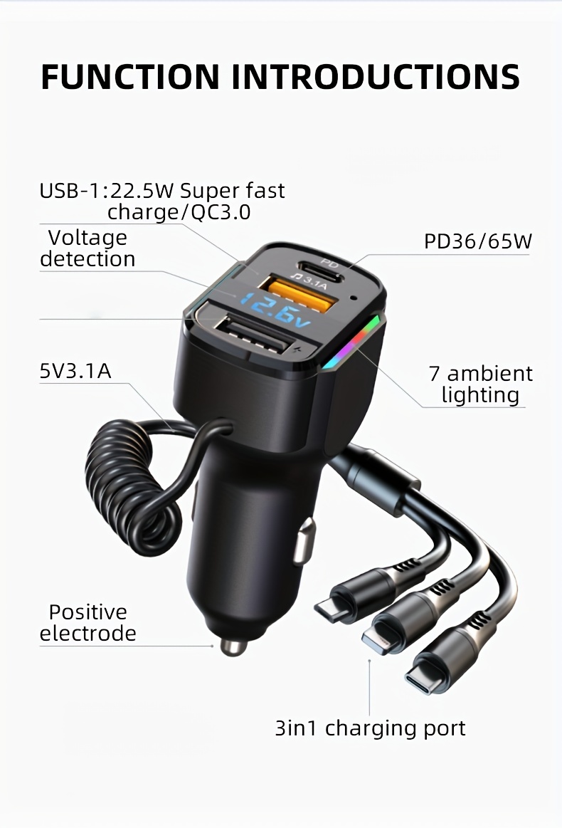 65w 3 port usb pd fast car charger k4 qc3 1 type c 3 in 1 car charger 2 usb charging ports 1 type c fast charging micro usb type c details 10