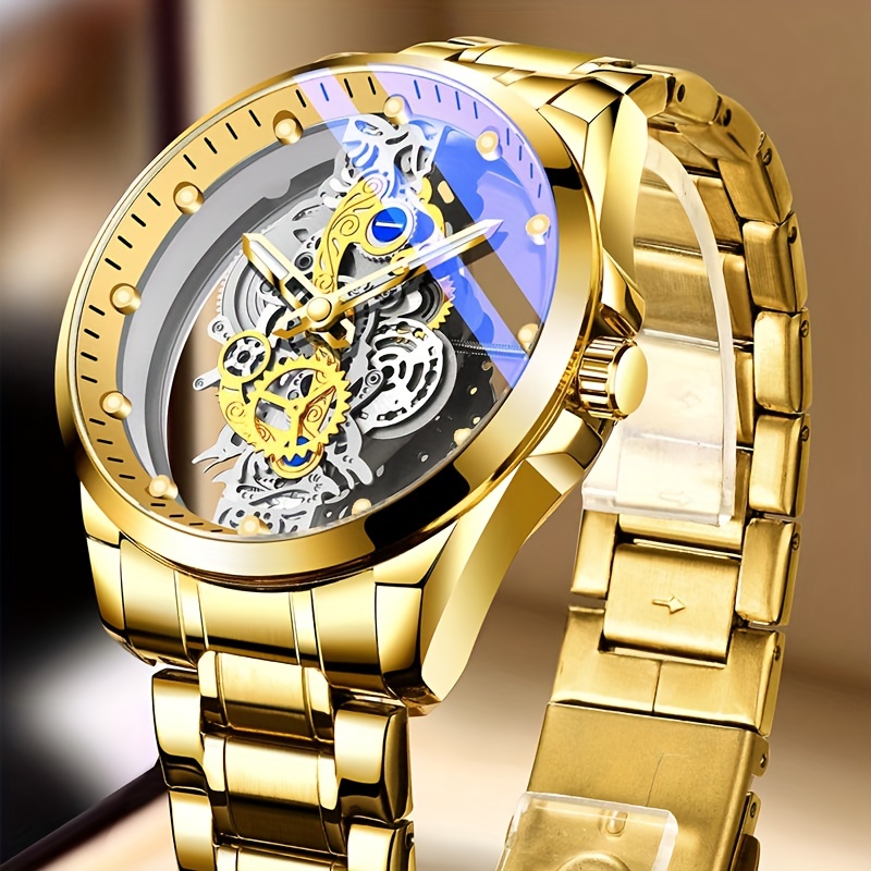 hot trendy fashion wholesale men golden skeleton automatic quartz wrist watches luxury details 4