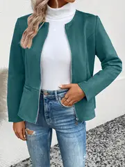 plus size elegant jacket womens plus solid long sleeve zip up round neck jacket details 8