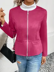 plus size elegant jacket womens plus solid long sleeve zip up round neck jacket details 42