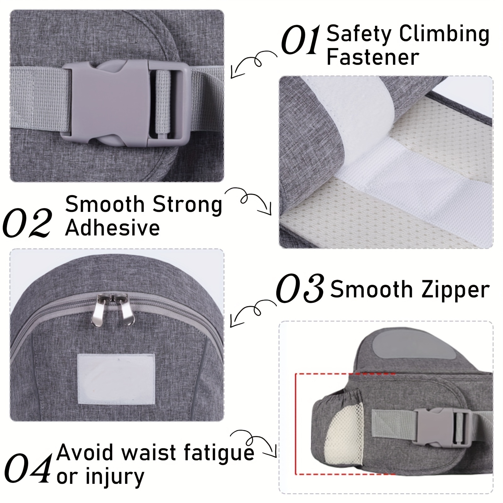 baby grey hip seat carrier waist seat with storage pocket shoulder strap and waist belt soft safety hip seat details 4