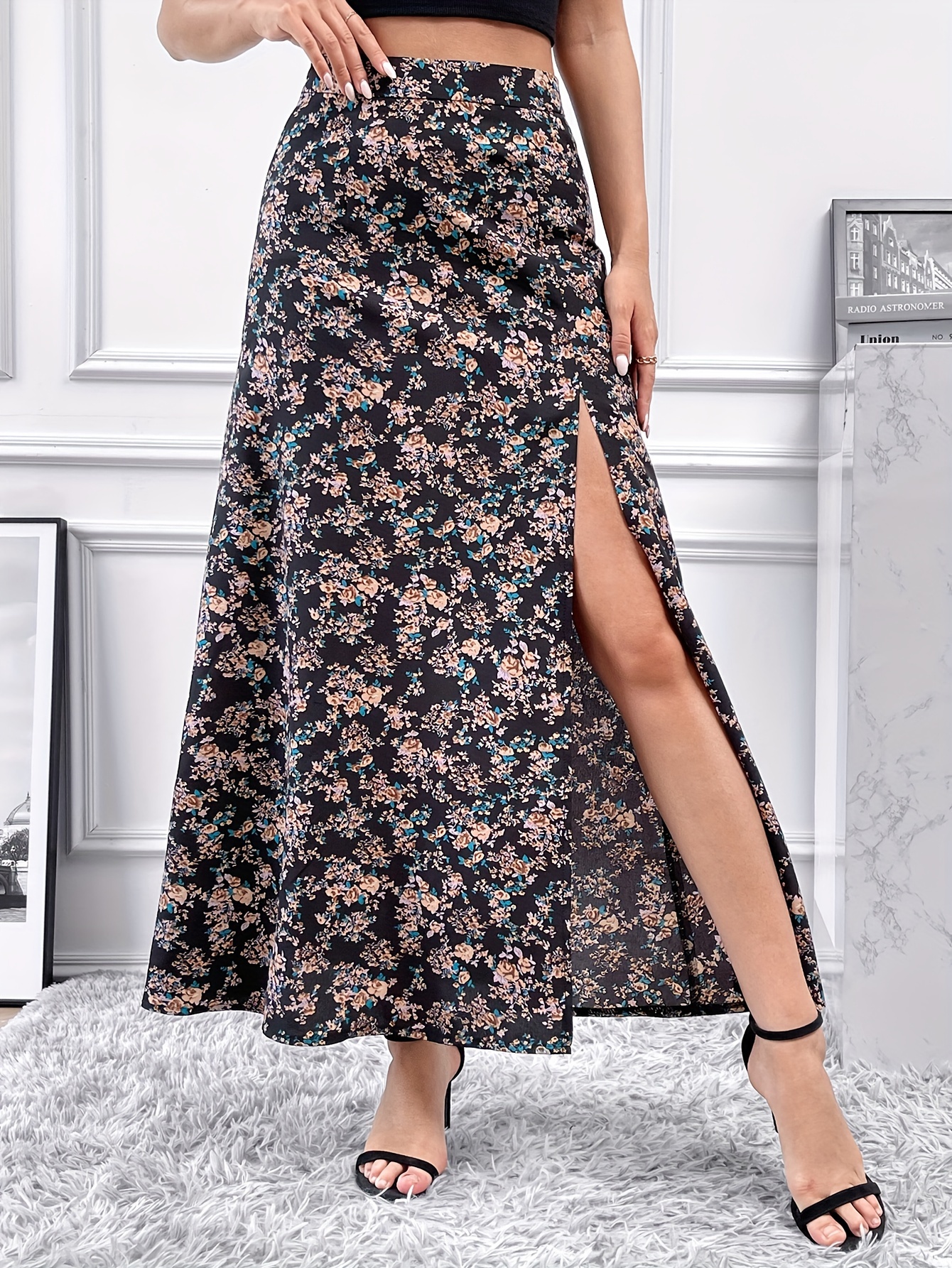 floral print side split skirt casual high waist maxi skirt womens clothing details 2