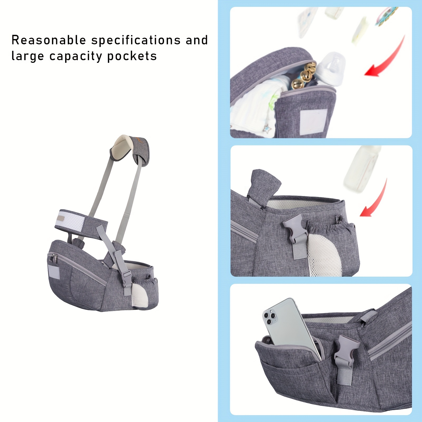 baby grey hip seat carrier waist seat with storage pocket shoulder strap and waist belt soft safety hip seat details 3