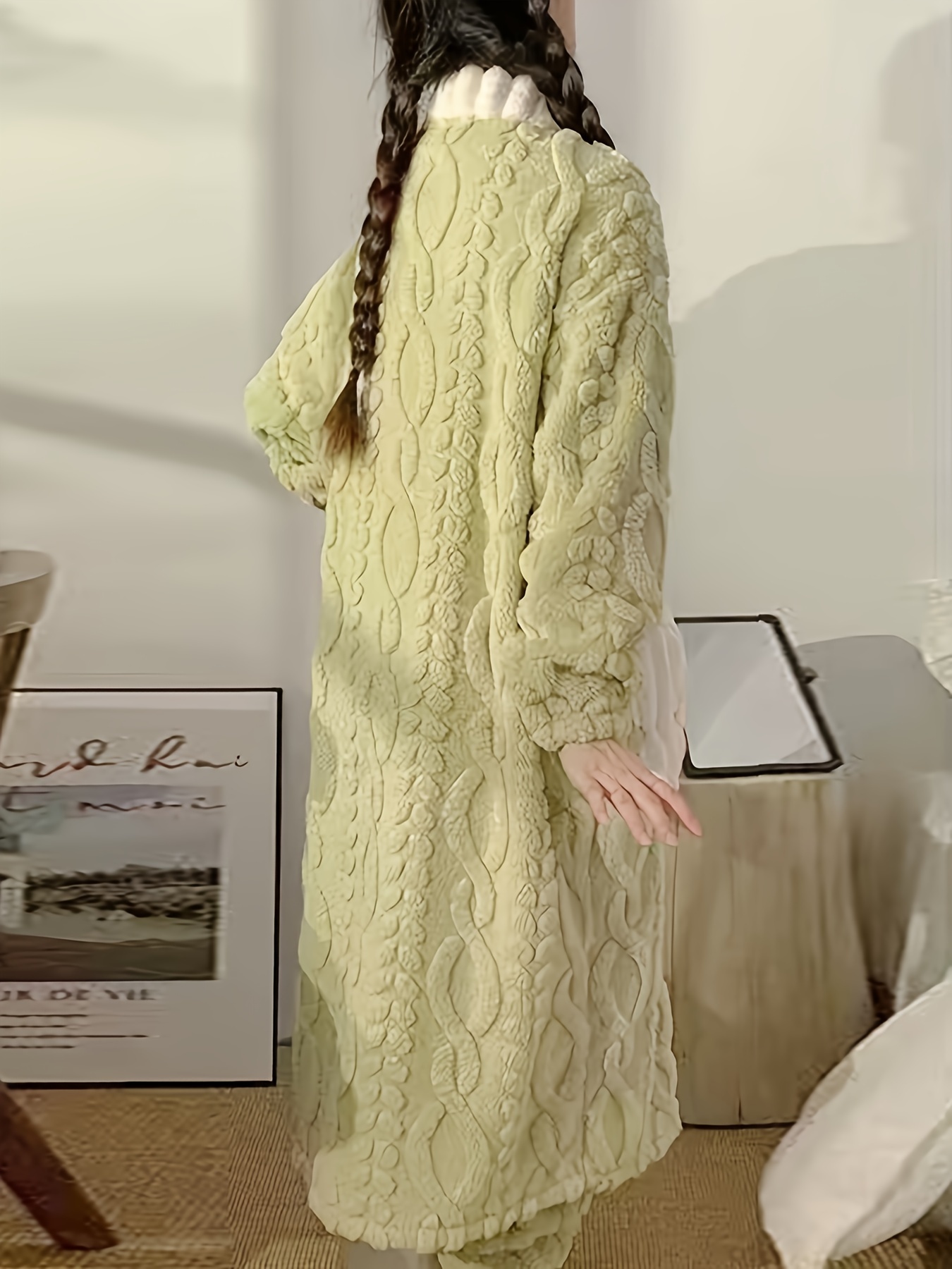 flower decor fuzzy night robe cute long sleeve v neck robe with pockets womens sleepwear details 4