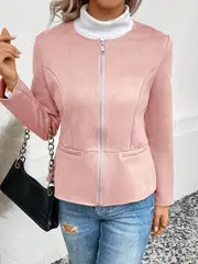 plus size elegant jacket womens plus solid long sleeve zip up round neck jacket details 51
