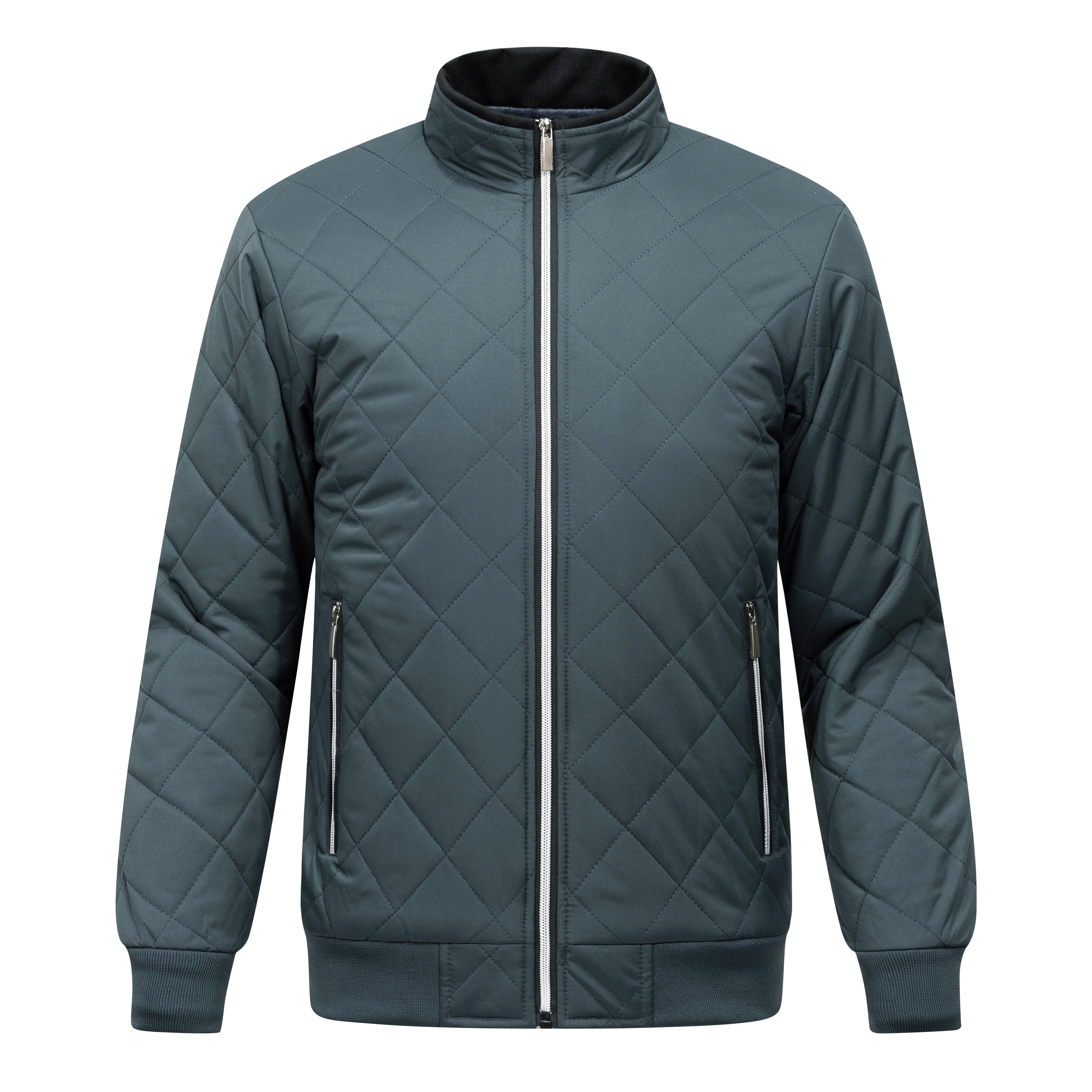 mens quilted fleece lined jacket warm stylish casual zip up with stand collar long sleeves and pockets dark green polyester   winter zip up jacket details 7