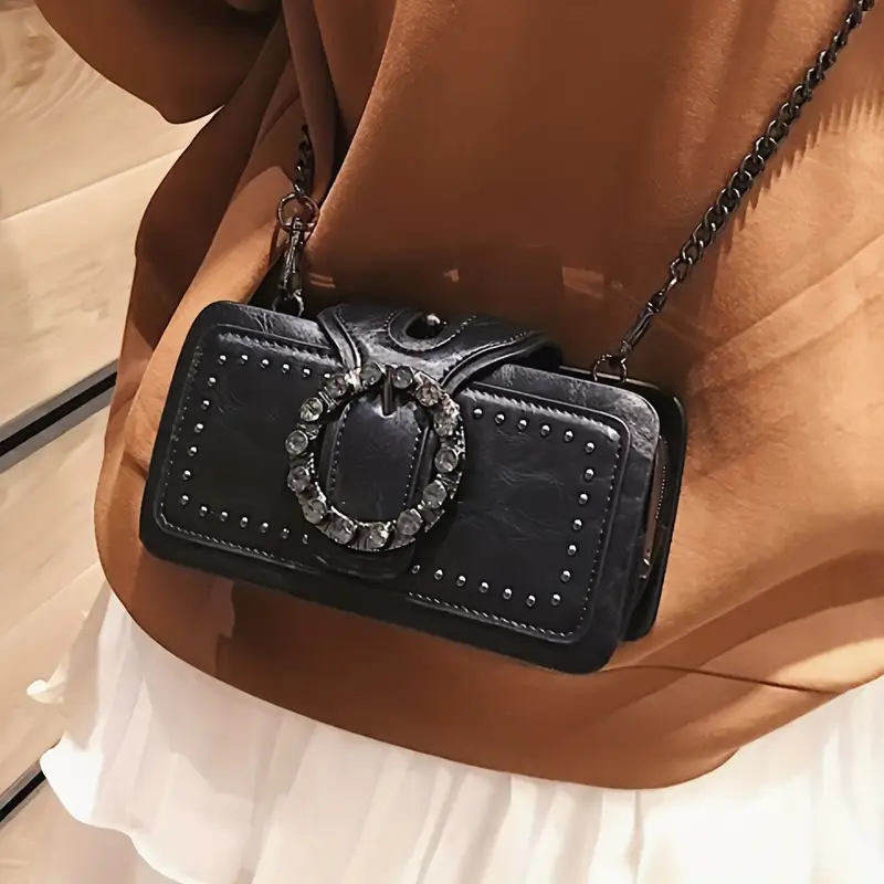 womens fashion retro clutch bag rivet motorcycle bag chain shoulder bag black mobile phone bag multi layer clip small square bag details 0