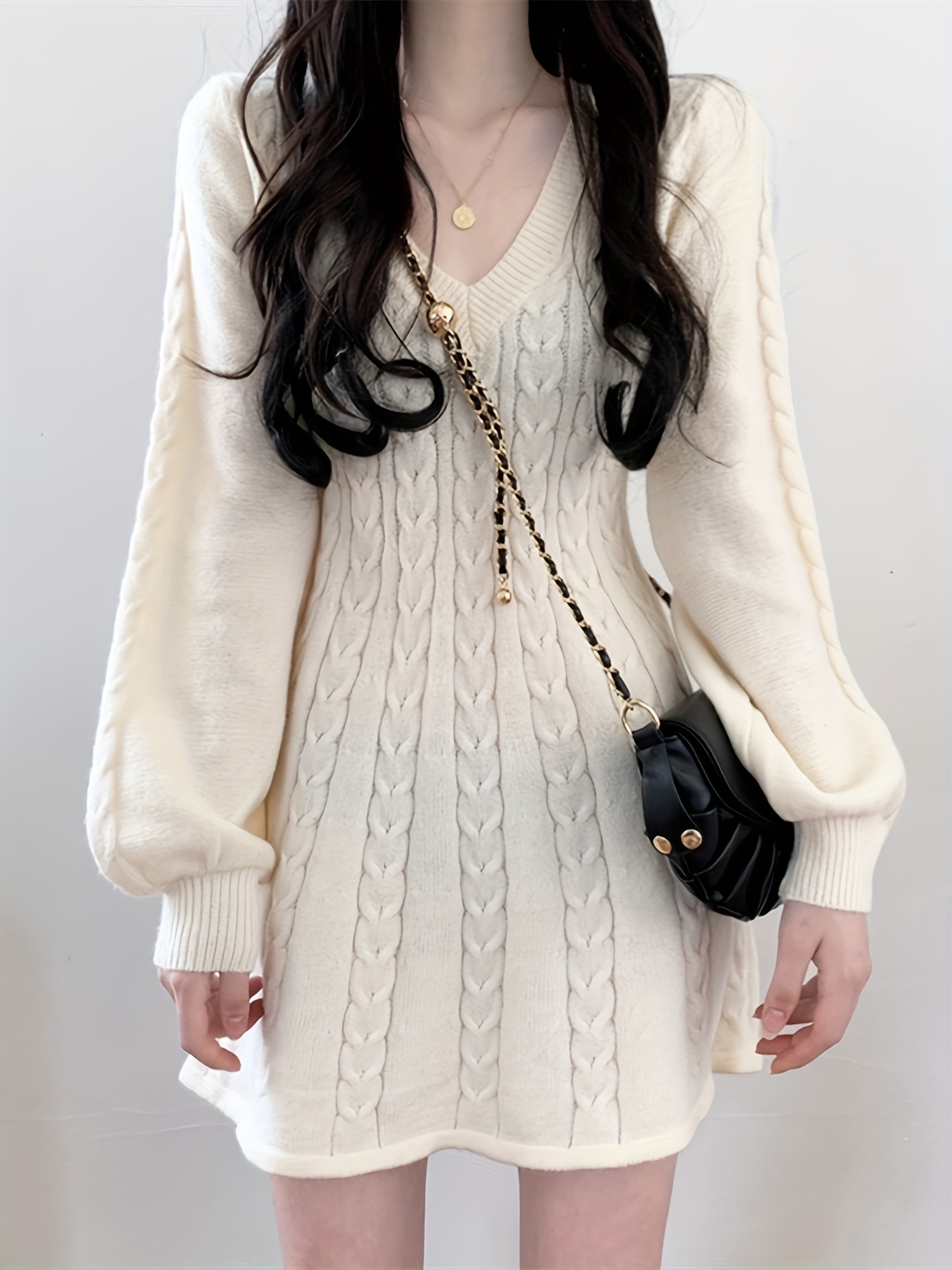 solid cable knit dress elegant v neck lantern long sleeve dress womens clothing details 4