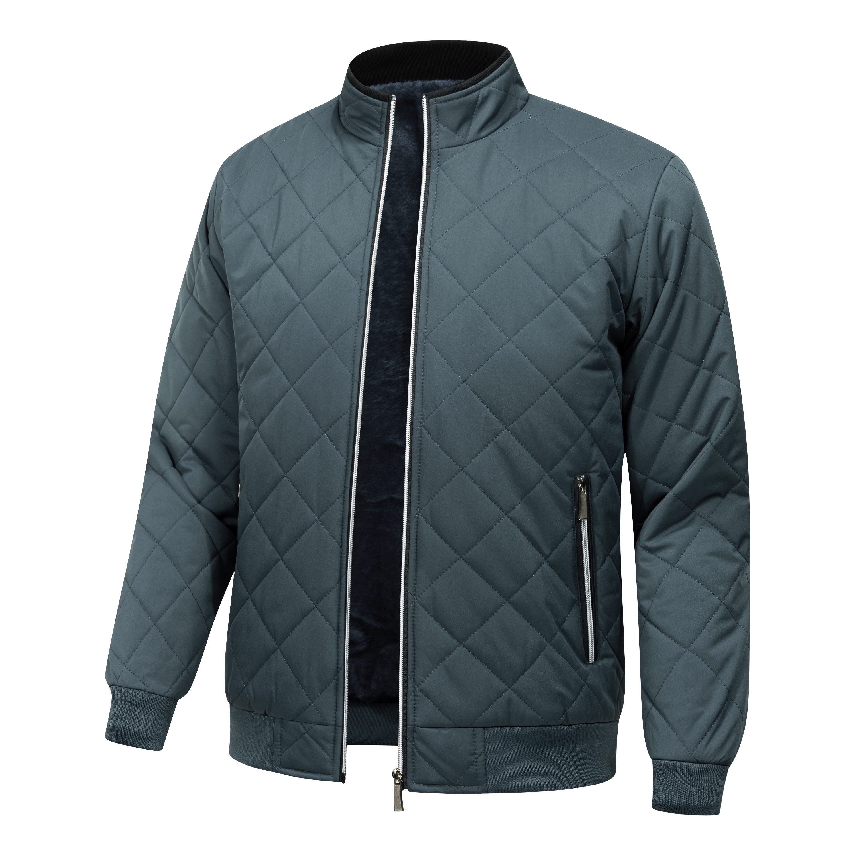 mens quilted fleece lined jacket warm stylish casual zip up with stand collar long sleeves and pockets dark green polyester   winter zip up jacket details 5