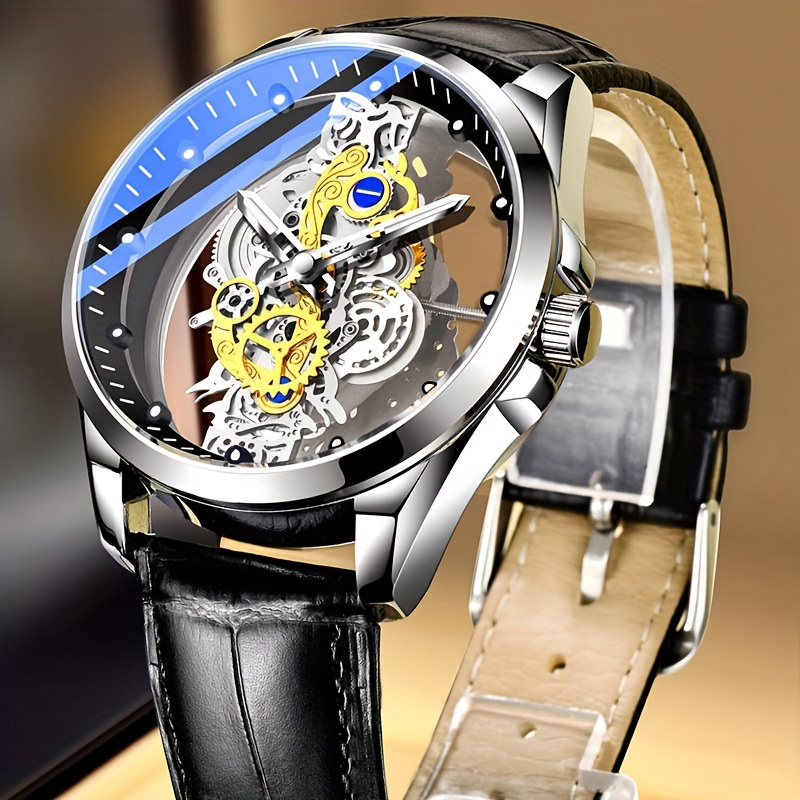hot trendy fashion wholesale men golden skeleton automatic quartz wrist watches luxury details 3