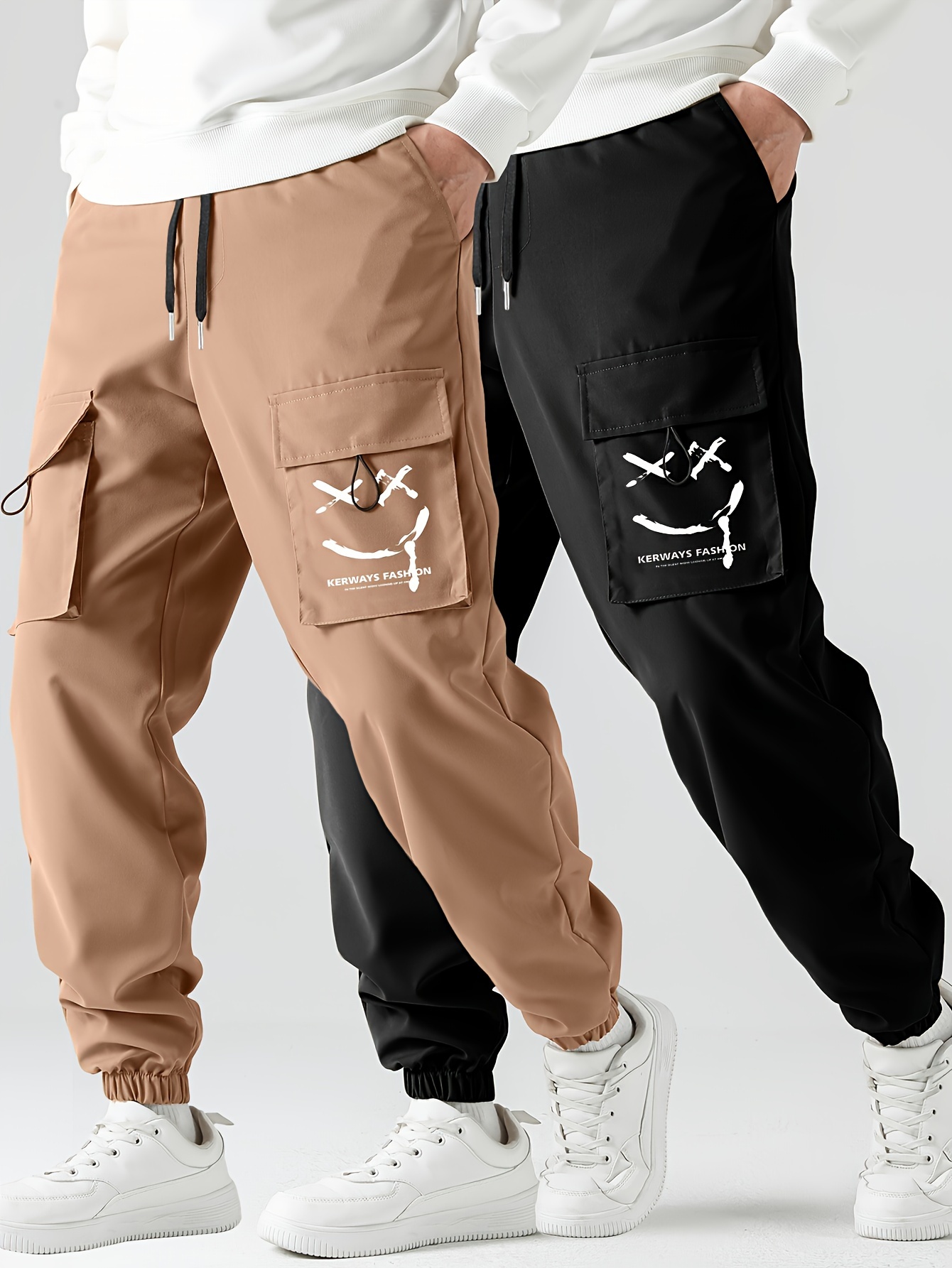 2 pcs mens stylish smiling face pattern cargo jogger with pockets causal breathable drawstring mens bottom clothing for city walk street hanging outdoor activities details 0