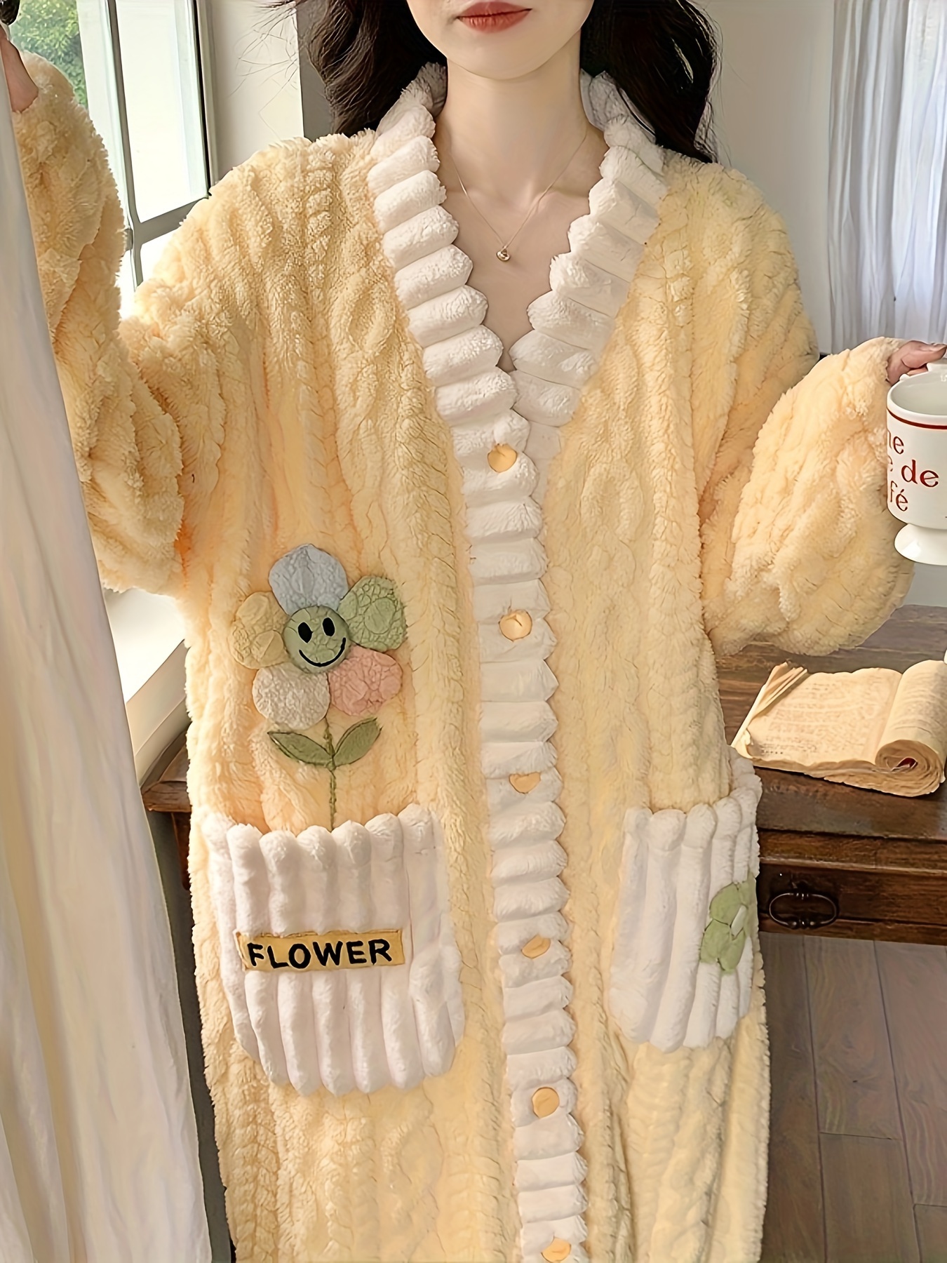 flower decor fuzzy night robe cute long sleeve v neck robe with pockets womens sleepwear details 8