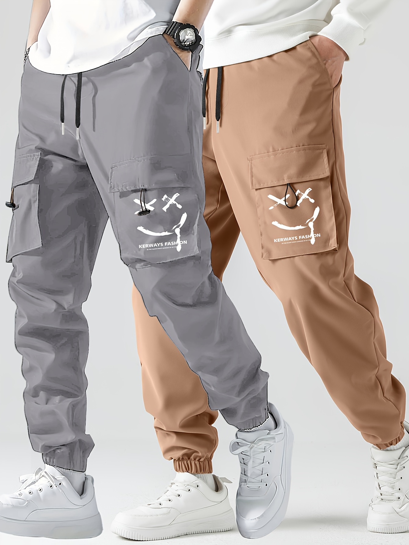 2 pcs mens stylish smiling face pattern cargo jogger with pockets causal breathable drawstring mens bottom clothing for city walk street hanging outdoor activities details 18