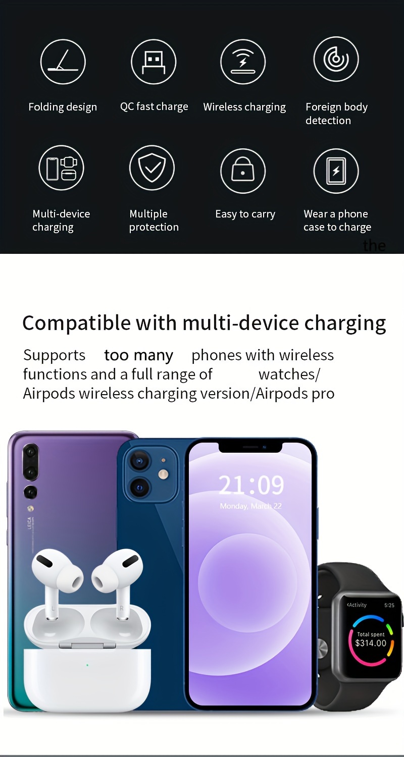 fast charging station, 3 in 1 fast charging station folding wireless charger stand for iphone 14 13 12 11 pro max mini plus x xr xs max se 8 plus iwatch 1 8 airpods 3 2 pro details 8