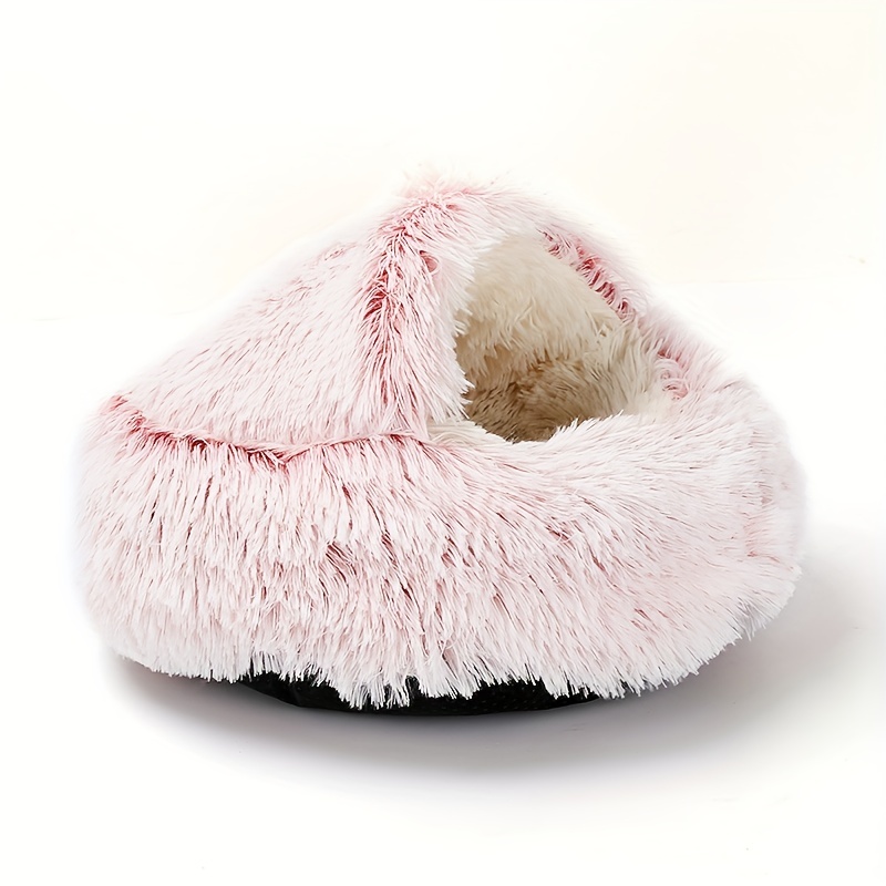 plush round hooded pet bed warm dog bed for small dogs fluffy soft cat bed donut pet cushion details 7