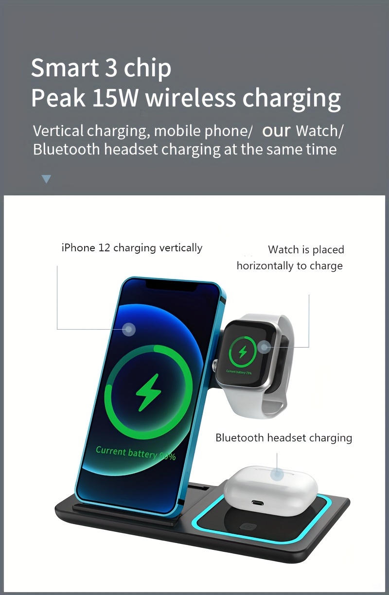 fast charging station, 3 in 1 fast charging station folding wireless charger stand for iphone 14 13 12 11 pro max mini plus x xr xs max se 8 plus iwatch 1 8 airpods 3 2 pro details 3