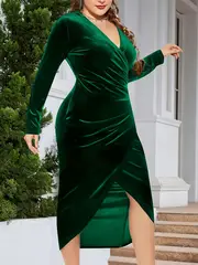 plus size elegant party dress womens plus solid velvet long sleeve surplice neck wrap hem slight stretch cocktail dress details 3
