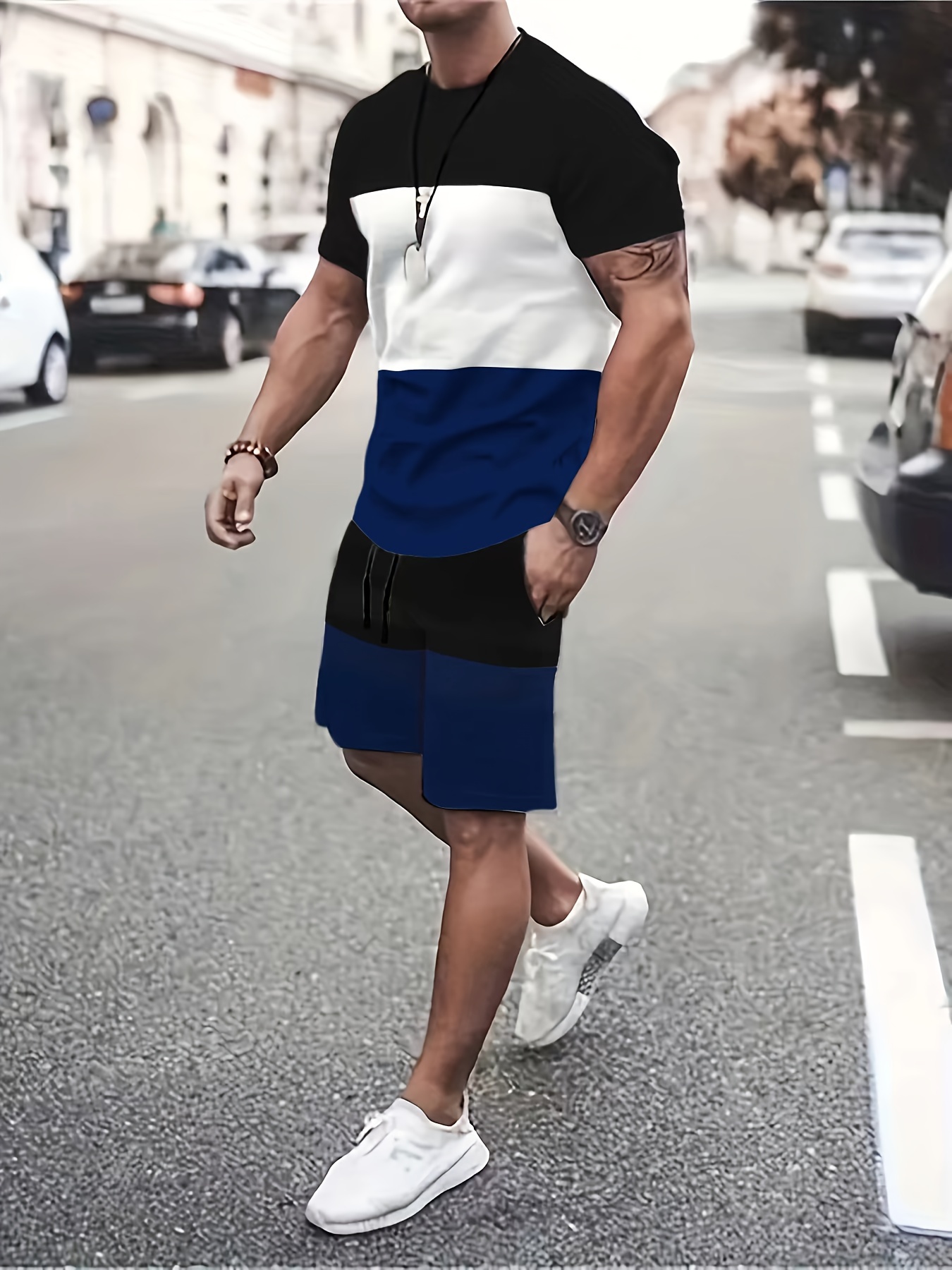 mens 2 piece set athletic round neck short sleeve top and shorts with color block design comfortable casual sportswear outfit details 3