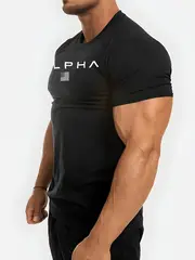 mens athletic crew neck t shirt quick dry polyester knit fabric short sleeve alphabet print skinny fit casual sports top for spring summer polyester 180gsm details 17