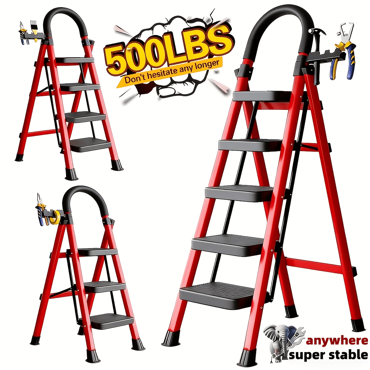 Folding Ladder, 2/3/4/5-Step Ladder, With A Weight Capacity Of 500 Lbs, Anti-Slip Wide Pedals With Safety Locks, Rust-Resistant Material, Suitable For Home, Garage, Outdoor, And Industrial Use