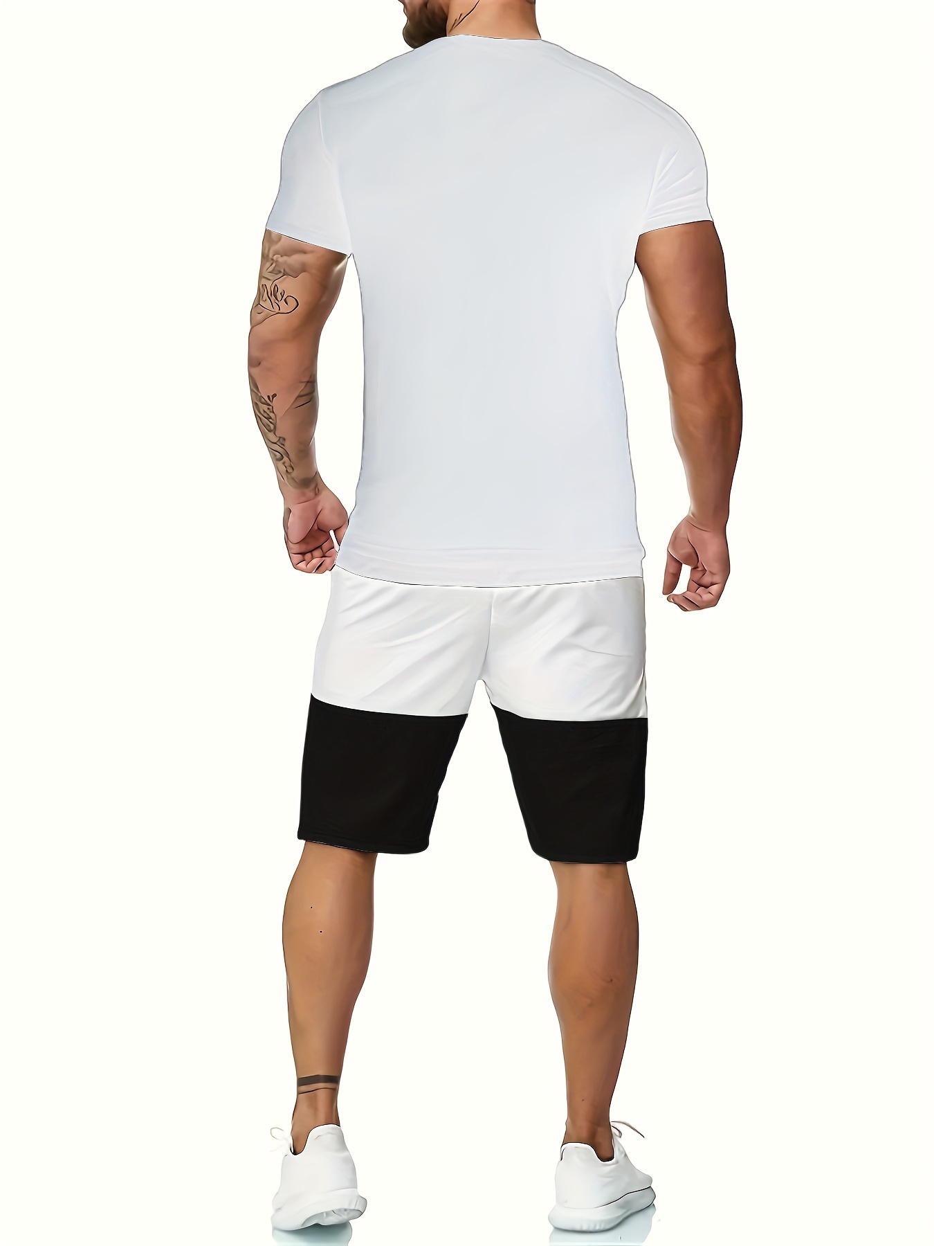 mens 2 piece set athletic round neck short sleeve top and shorts with color block design comfortable casual sportswear outfit details 1